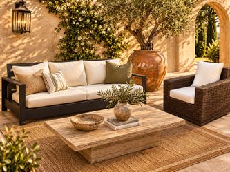 A Collected Outdoor Living Room | Pottery Barn Malibu Metal Platform Sofa
