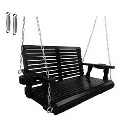 Innovaze 4 ft. Outdoor Wood Porch Swing with Cup Holders, Adjustable Hanging Chains and Spring Hooks, Black