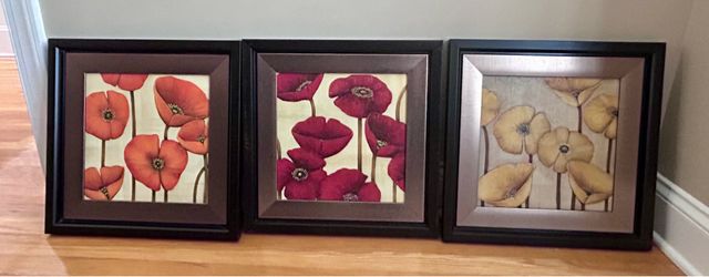 Set of 3 Framed Floral Wall Art Prints – Vibrant Poppies / Poppies Canvas Lot
