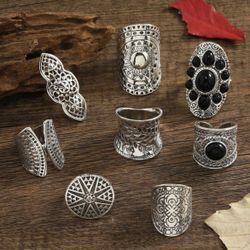 Elegant 8 piece Vintage Black Agate Ring Set 