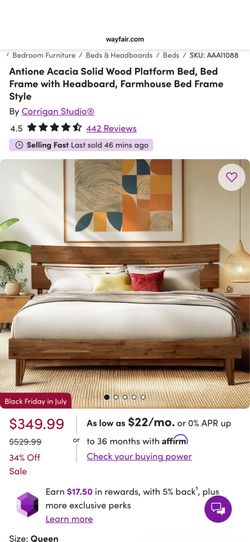 Queen Antione Acacia Solid Wood Platform Bed, Bed Frame with Headboard, Farmhouse Bed Frame Style