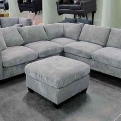 New 99x99 Gray Corduroy Sectional Couch With Ottoman 