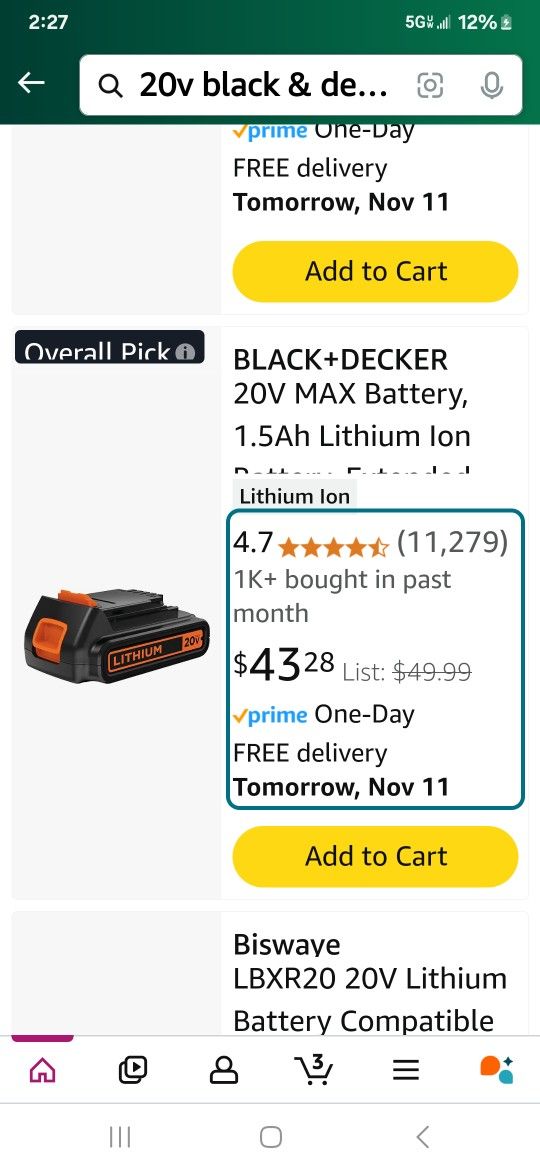 Black +Decker 20volt 1.5ah Lithium Battery