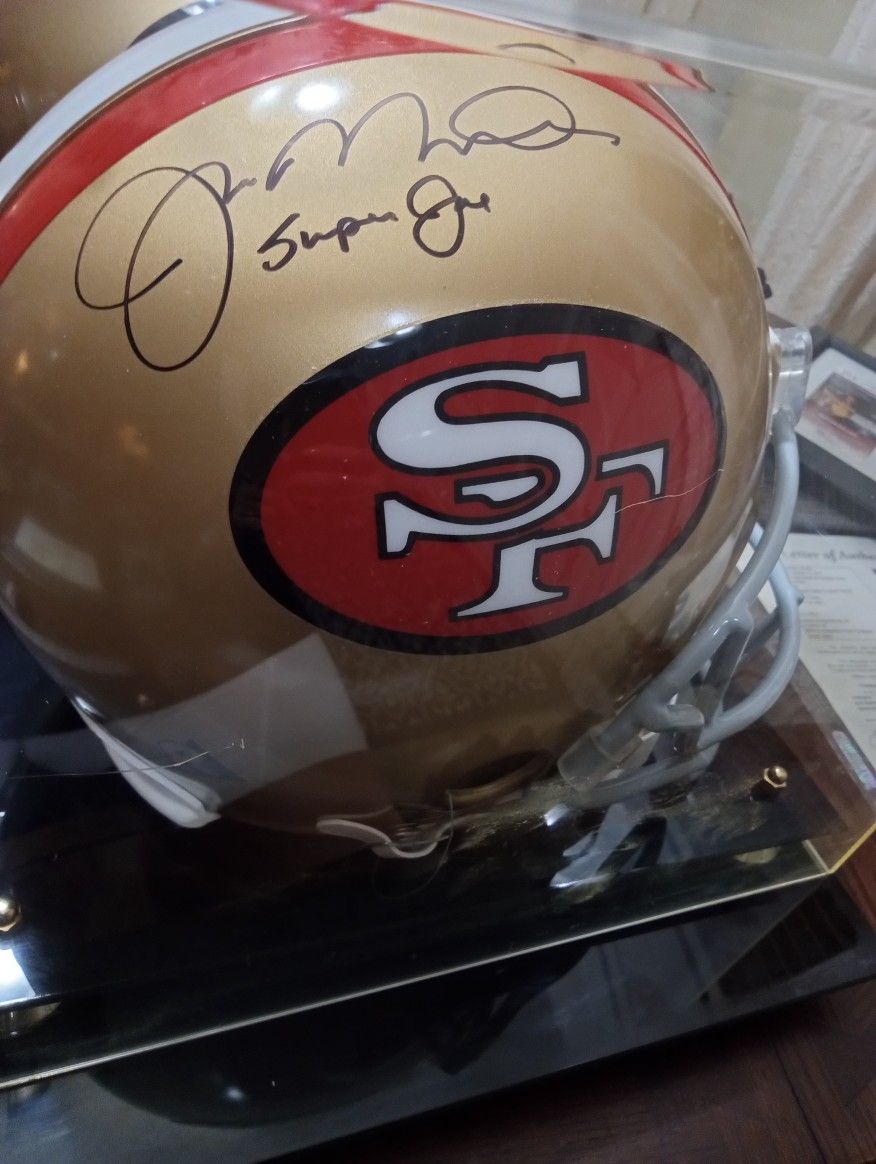 One Of One Joe Montana Signed Helmet Inscribed Super Joe In Display Case With Certificate Of Authenticity