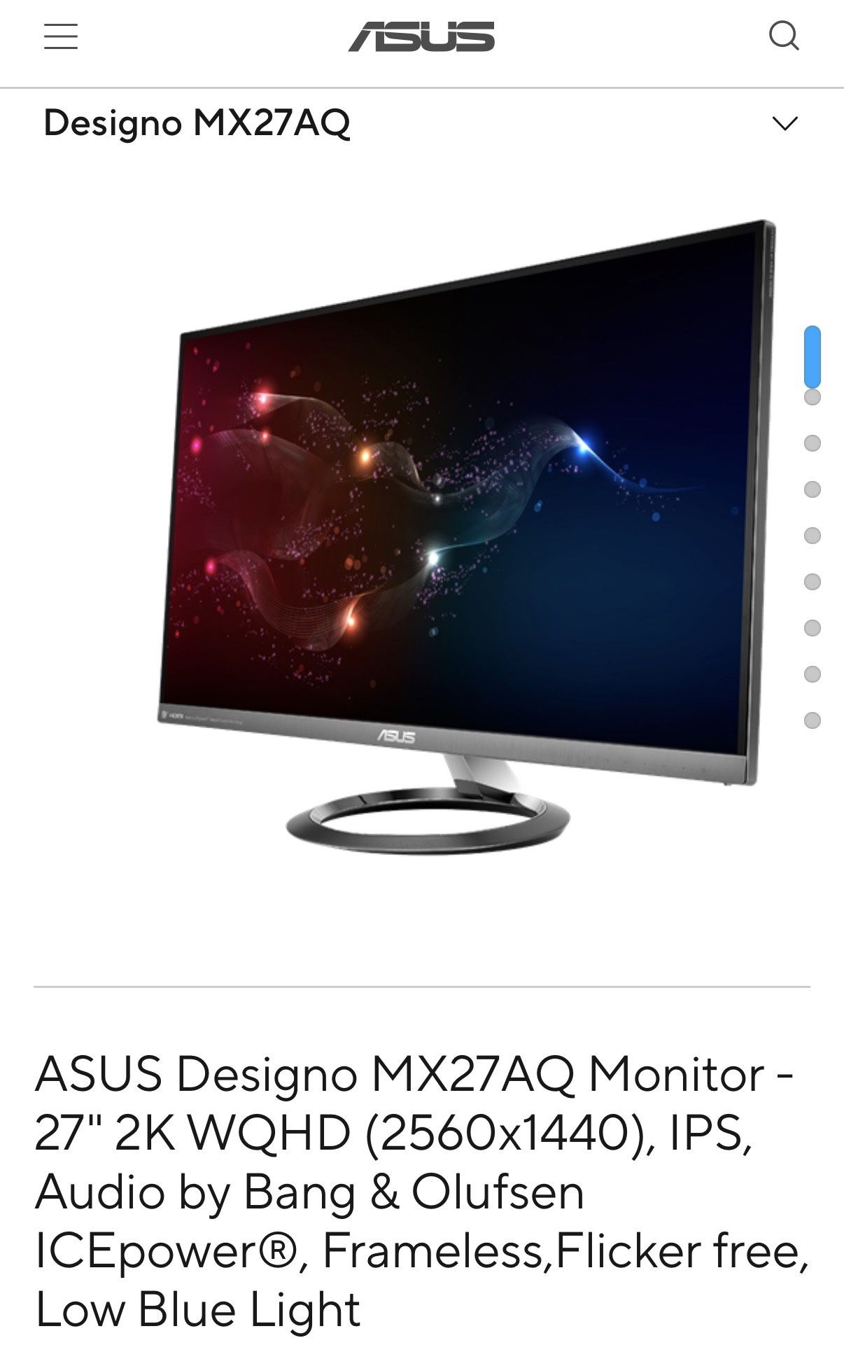 ASUS Designo MX27AQ Monitor - 27" 2K WQHD (2560x1440), IPS, Audio by Bang & Olufsen ICEpower®, Frameless,Flicker free, Low Blue Light