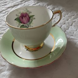 Royal Ardalt bone china Tea Cup & Saucer- Mint Green With Pink Flower Gold Trim