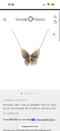 Annmarie D'Ercole 14KT Gold Ombre White and Blue Sapphire Butterfly Necklace