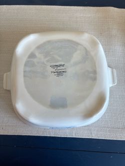 Vtg unique Corning Microwave Browning Dish. "Blue Colonial House or blue homestead" pattern.