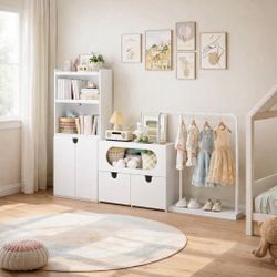 Children’s Toy Organizer with Closet Rail & Storage Cabinets – White