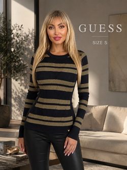 GUESS Black and Olive Striped Crewneck Sweater
