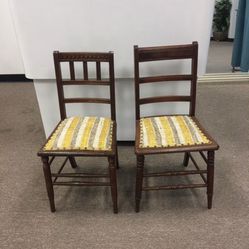 Mid Century Antique Wood Yellow and Gray Vintage Striped Chairs