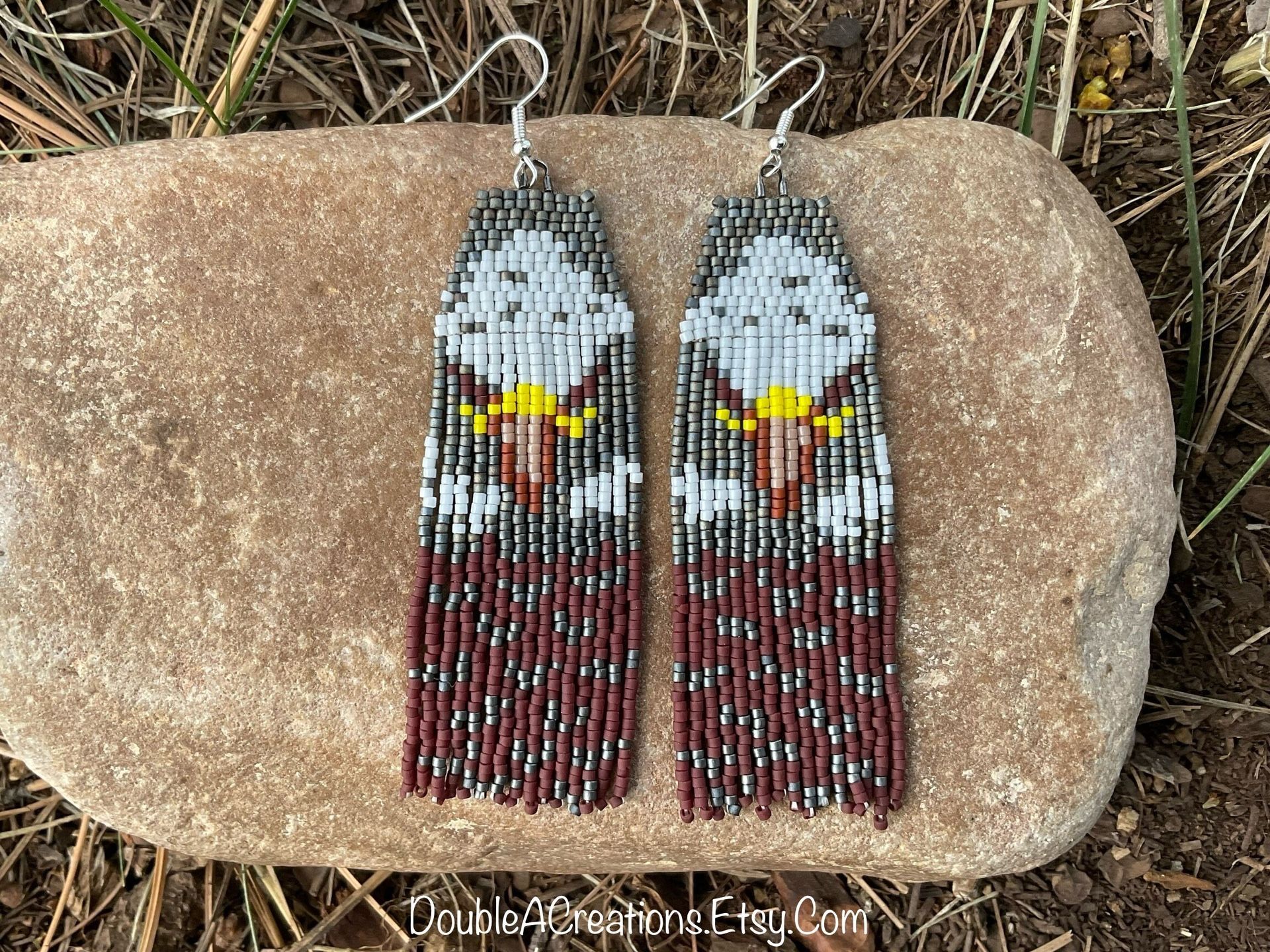 Eagle Beaded Earrings With Fringe, New, Handmade By Me