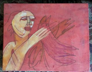 expressive Painting featuring a figure interacting with a bird,