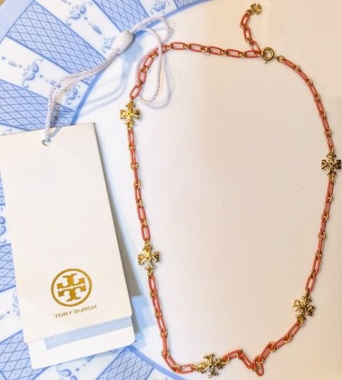 Tory Burch Roxanne chain necklace orange and gold enamel, new with tags