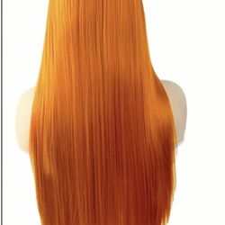 BRIGHT Orange Halloween Straight Synthetic Lace Front Wigs for Women Ready to Wear Cosplay Wig 35 Inch 