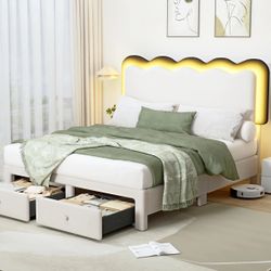 Full Size LED light padded platform storage bed frame, wavy headboard, easy to assemble, no spring mattress needed