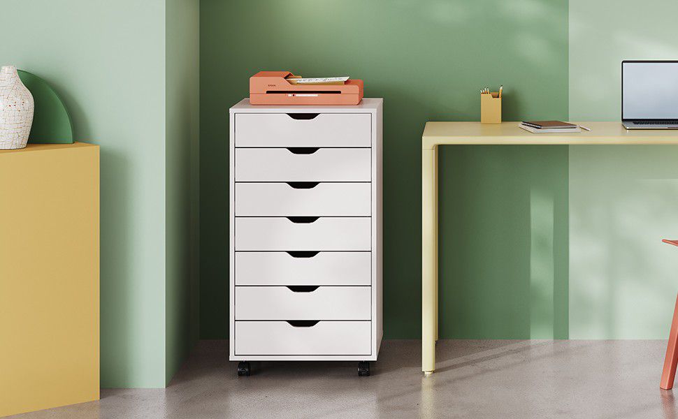 7-Drawer Chest, Wood Storage Dresser Cabinet with Wheels, White/Black