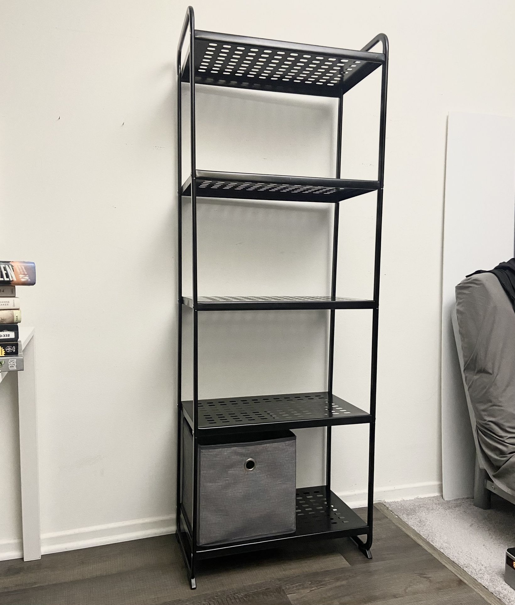 Ikea MULIG Shelving Unit  •Black Metal  •Light Weight •Height 63.5" x Width 23" x Depth 13.5"  •Grey Fabric Storage Bin (12" x 12" x 12") included 