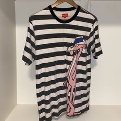 Men's Size Medium Supreme Pink Panther striped t-shirt black and white ss14 regular spring summer 2014. 100% Cotton Made in China, New York City.