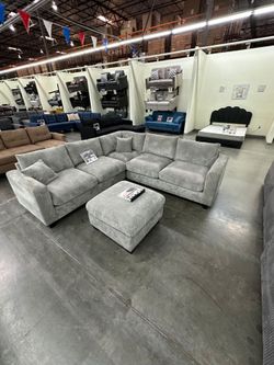 Gray Corduroy Sectional Sofa with Ottoman