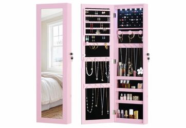 New! Full Length Mirror Jewelry Cabinet Organizer Lockable Door Wall-Mounted Jewelry Armoire with Shelves and Behind the Door Storage Pink