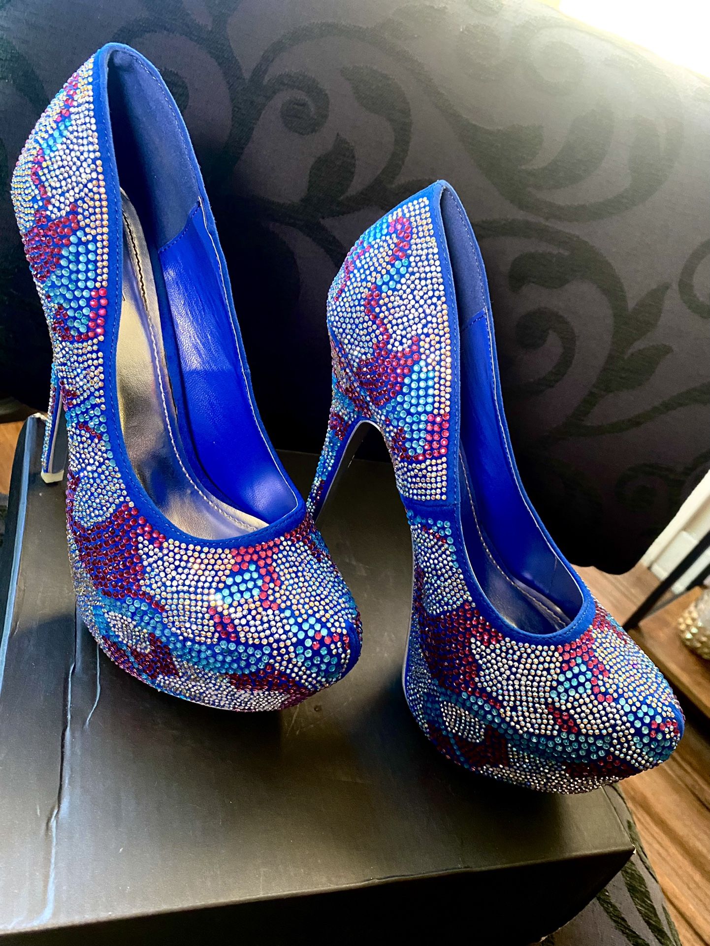 Stiletto Platform Heels - Size 10 - Royal Blue With Multicolored Rhinestones