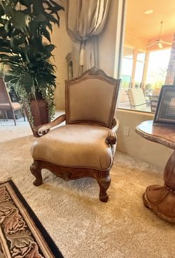 Pair of Luxury Carved Wood Upholstered Accent Chairs – Traditional European Style