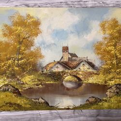 Large Original Oil Painting – Autumn Landscape with Bridge