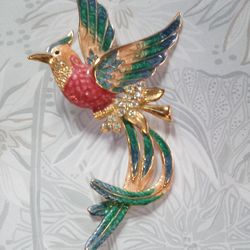 Vintage Large Multi- Color Enamel Rhinestone Bird Of Paradise Brooch 