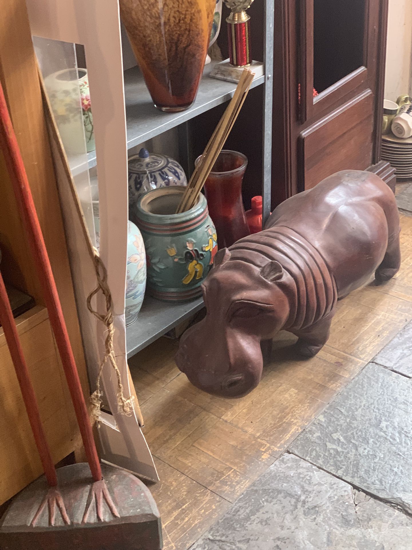 Solid Wood Hippo Statue