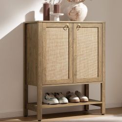 Rattan Shoe Cabinet with Storage - 5 Tier Farmhouse Boho Shoe Organizer Storage Cabinet with Shelves & Doors, Tall Shoe Rack Cabinet 