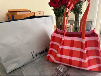NEW! Coral and Pink Plaid Knitted Tote Bag from Beach bag from Neiman Marcus