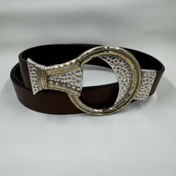 Chico's Silver and Gold Hook Brown Leather Adjustable Belt Size Medium/Large