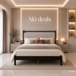 Full Size Wooden Bed With Fluffy Soft Grey Headboard, Black Frame J-13