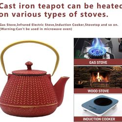 Small Cast Iron Tea Kettle for Stovetop Safe, Red Tea Pot Coated with Enameled Interior, Durable Teapot with Stainless Steel Infuser for Loose Leaf (1