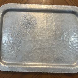 Vintage Continental Hammered Aluminum Tray #523 Chrysanthemum Hand Wrought 