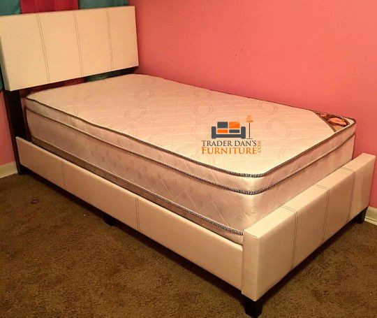 Brand New Twin Size White Leather Platform Bed Frame +Pillowtop Mattress 