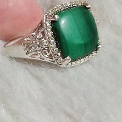 Sterling Silver Ring With Genuine Malachite And CZs