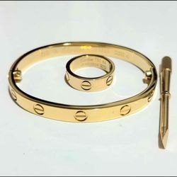 Set Gold Love Unisex Bangle Bracelet Band And Ring Cuff Gift