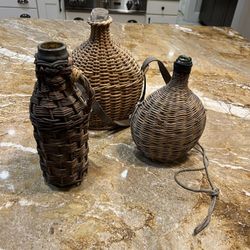 Antique French Bottles In Wooden Baskets 
