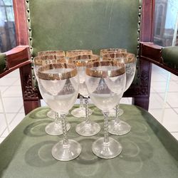ANTIQUE CRISTAL D'ARQUES DURAND  WINE GLASSES FRANCE GOLD SCROLL ETCHED TWISTED STEM  (SET OF 8)