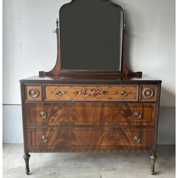 Antique Berkeley & Gay Dresser with Mirror | Vintage Inlaid Wood Bedroom Furniture