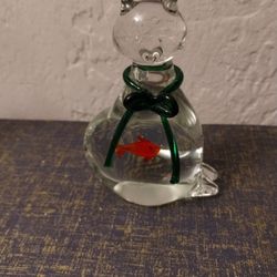 Glass Cat Bow Fish Paperweight Figurine 
