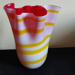 Murano Art Glass Fanned Fluted Vase Yellow Red White