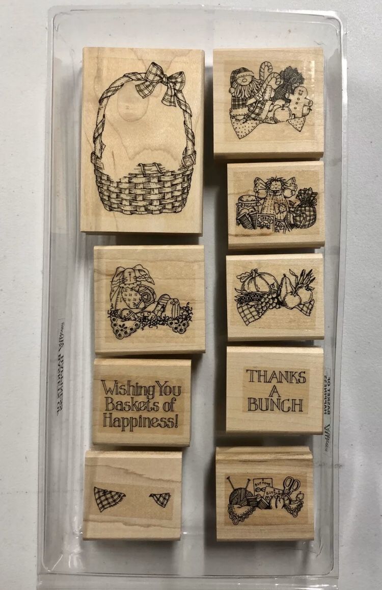 Retired 1996 Stampin’ Up! Wood Mounted Rubber “Basket Of Happiness” Stamp Set