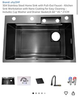 304 Stainless Steel Home Sink with Pull-Out Faucet - Kitchen Sink Workstation with Nano Coating for Easy Cleaning - Includes Cup Washer and Drainer Ba