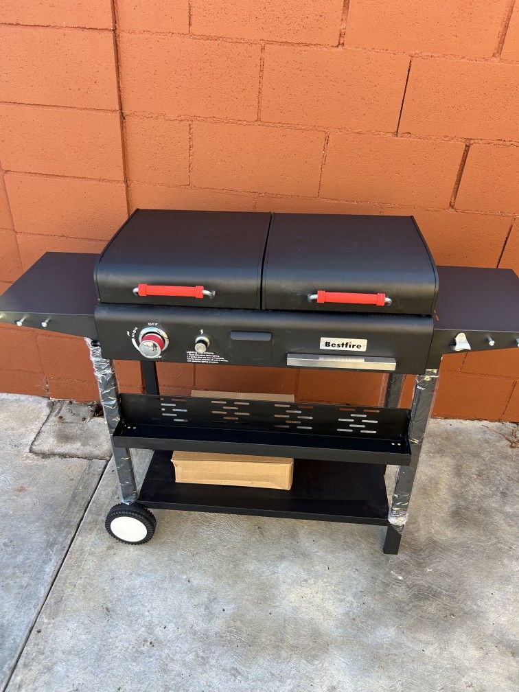 Bestfire Dual Fuel Propane Gas Charcoal Grill Combo Black Dual Lids, Flat Top Grill With 2 Side Shelves for BBQ, Outdoor and Backyard Cooking