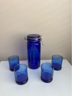 Vintage Cobalt Blue glass jar and 4 Anchor Hocking Essex On the Rocks Glasses tumblers