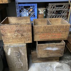 Vintage Wooden Crate Bundle – Whiskey, Soda & Industrial – 5 Total