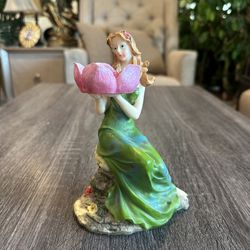 Beautiful Fairy Girl Figurine Statue Holding Flower Candle Holder Garden Home Decor